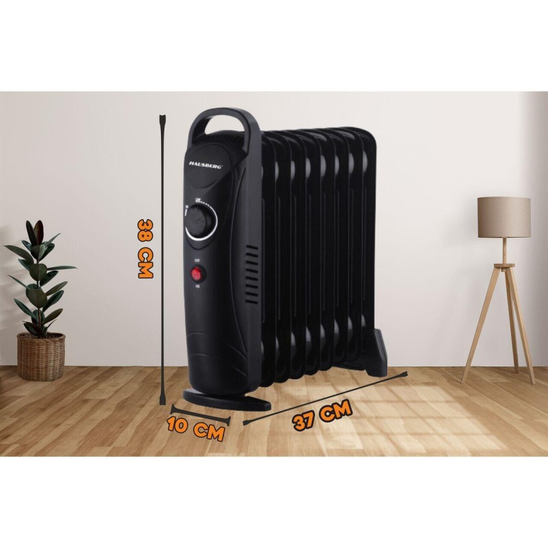 Calorifer electric cu ulei HAUSBERG HB-8945, o singura treapta de incalzire, 1000-1200 W, 9 elementi 110 mm x 330 mm, termostat reglabil, maner si rotite pentru o deplasare facila, indicator luminos functionare, negru