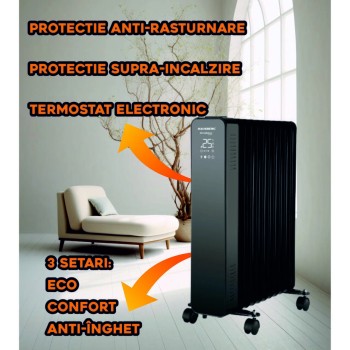 Calorifer electric Digital cu Telecomanda Hausberg HB-8955NG, 2500W, 11 elementi, 3 setari, Termostat electronic, Protectie supra-incalzire, Protectie anti-rasturnare, Negru
