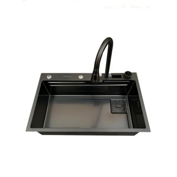 Set chiuveta multifunctionala HAUSBERG HBC-9950NG din otel inoxidabil, baterie dubla, cuva perforata fructe/legume, cuva universala cu dop scurgere, tocator, 750x460x220 mm, accesorii incluse, Negru