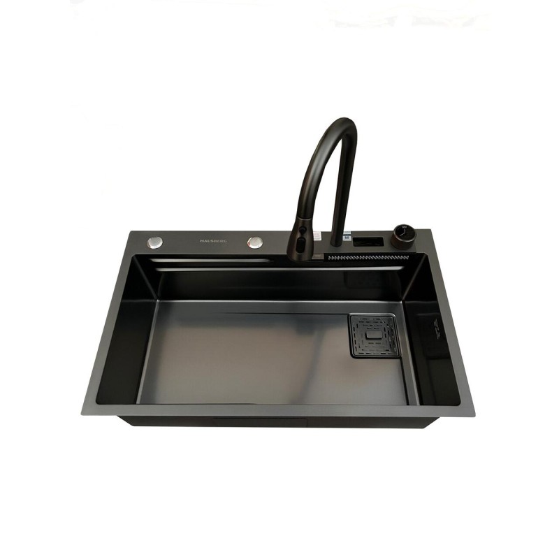 Set chiuveta multifunctionala HAUSBERG HBC-9950NG din otel inoxidabil, baterie dubla, cuva perforata fructe/legume, cuva universala cu dop scurgere, tocator, 750x460x220 mm, accesorii incluse, Negru