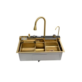 Set chiuveta multifunctionala HAUSBERG HBC-9955AU din otel inoxidabil, baterie dubla, cuva perforata fructe/legume, cuva universala cu dop scurgere, tocator, 750x460x220 mm, accesorii incluse, Auriu