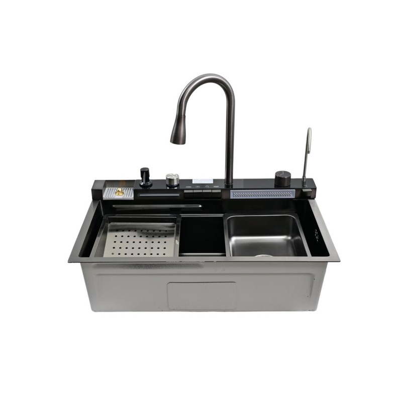 Set chiuveta multifunctionala HAUSBERG HBC-9955NG din otel inoxidabil, baterie dubla, cuva perforata fructe/legume, cuva universala cu dop scurgere, tocator, 750x460x220 mm, accesorii incluse, Negru