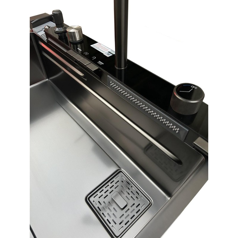 Set chiuveta multifunctionala HAUSBERG HBC-9955NG din otel inoxidabil, baterie dubla, cuva perforata fructe/legume, cuva universala cu dop scurgere, tocator, 750x460x220 mm, accesorii incluse, Negru