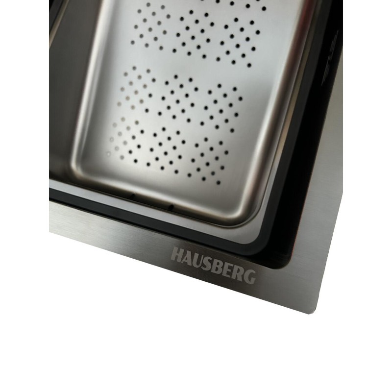 Set chiuveta multifunctionala HAUSBERG HBC-9955NG din otel inoxidabil, baterie dubla, cuva perforata fructe/legume, cuva universala cu dop scurgere, tocator, 750x460x220 mm, accesorii incluse, Negru