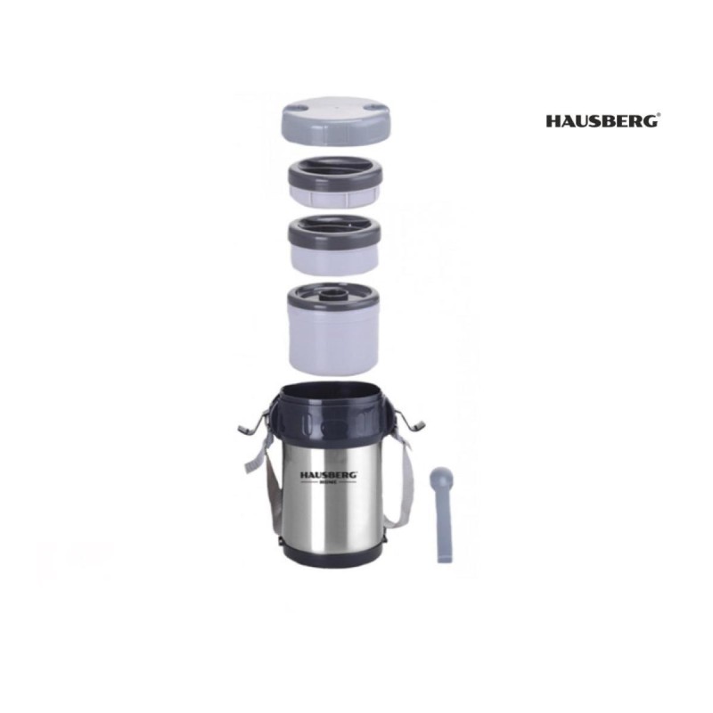 Cutie de pranz Thermos Hausberg HB H1461, 2 litri, otel inoxidabil, 3 recipiente separate, lingura, furculita, inox