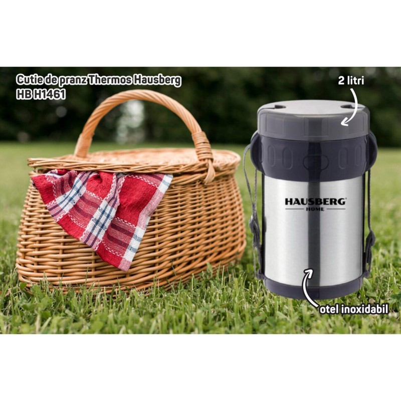 Cutie de pranz Thermos Hausberg HB H1461, 2 litri, otel inoxidabil, 3 recipiente separate, lingura, furculita, inox