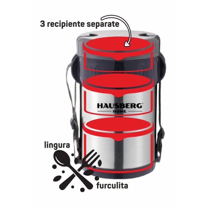 Cutie de pranz Thermos Hausberg HB H1461, 2 litri, otel inoxidabil, 3 recipiente separate, lingura, furculita, inox