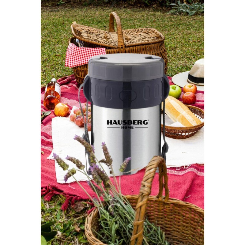 Cutie de pranz Thermos Hausberg HB H1461, 2 litri, otel inoxidabil, 3 recipiente separate, lingura, furculita, inox