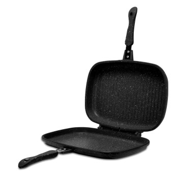 Tigaie Dubla Grill Hausberg HB-H1540NG, interior antiaderent, 36 cm, marmura, Negru