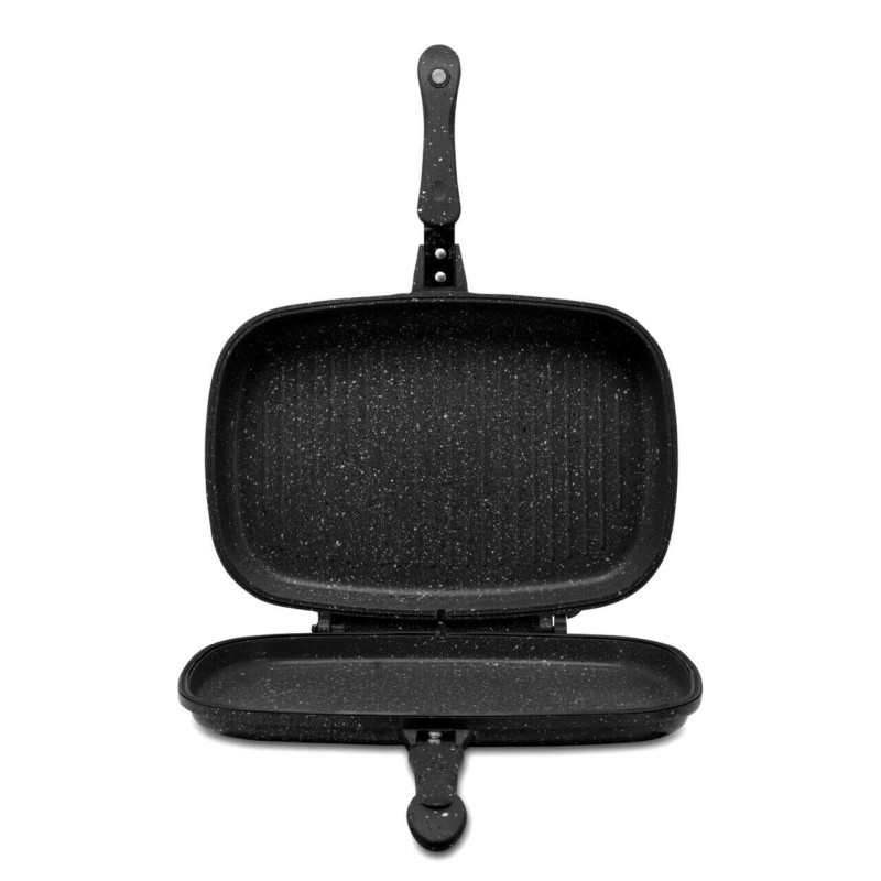 Tigaie Dubla Grill Hausberg HB-H1540NG, interior antiaderent, 36 cm, marmura, Negru