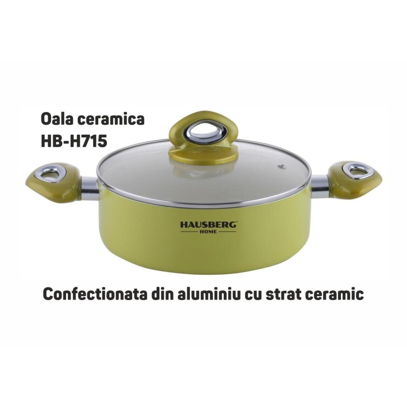 Oala ceramica Hausberg HB-H715GA, 4.5L, aluminiu, interior antiaderent, manere silicon, galben, 28x10.5cm