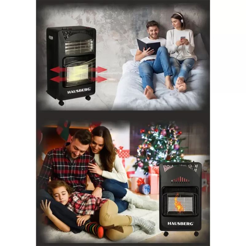 Pachet Soba pe gaz GPL Hausberg HB-1010NG, aprindere piezo-electrica, 4.2kW, Negru, Ceas butelie, 1m furtun gaz MN2015 si 2 coliere furtun