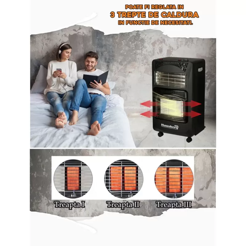 Pachet Soba pe gaz GPL Hausberg HB-1010NG, aprindere piezo-electrica, 4.2kW, Negru, Ceas butelie, 1m furtun gaz MN2015 si 2 coliere furtun