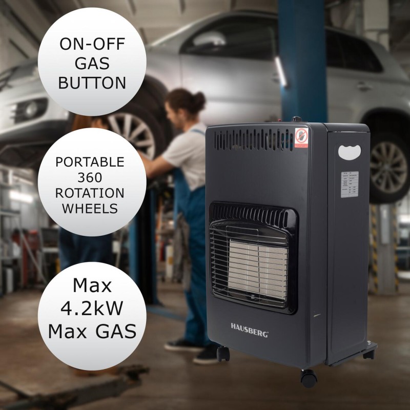 Pachet Soba pe gaz GPL Hausberg HB-1010NG, aprindere piezo-electrica, 4.2kW, Negru, Ceas butelie, 1m furtun gaz MN2015 si 2 coliere furtun