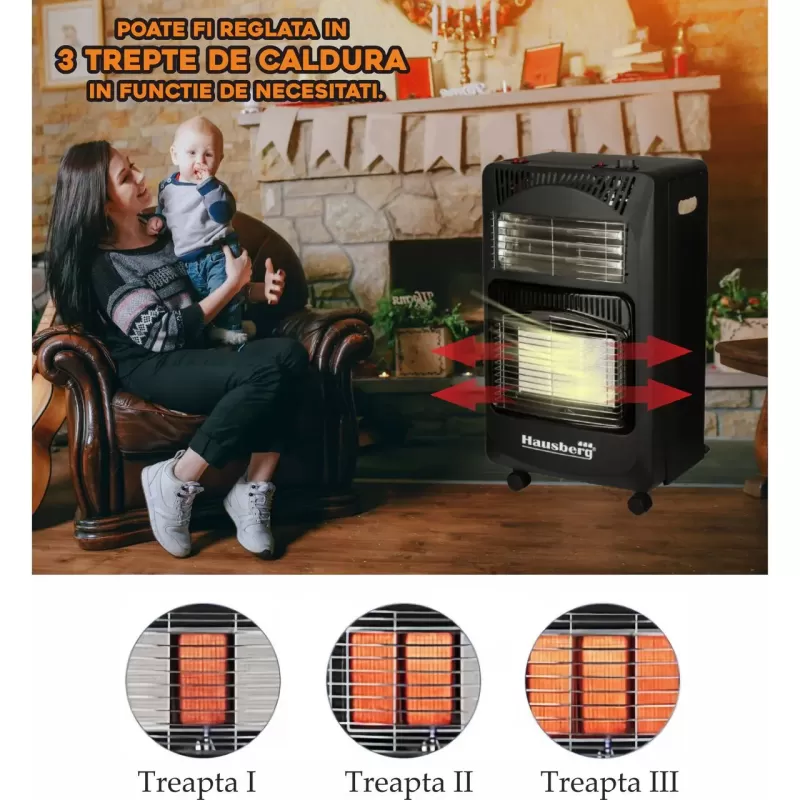 Pachet Soba pe gaz GPL (butelie) si electric Hausberg HB-1020NG, aprindere piezo-electrica, 4.2kW, Negru, Ceas butelie, 1m furtun gaz MN2015 si 2 coliere furtun