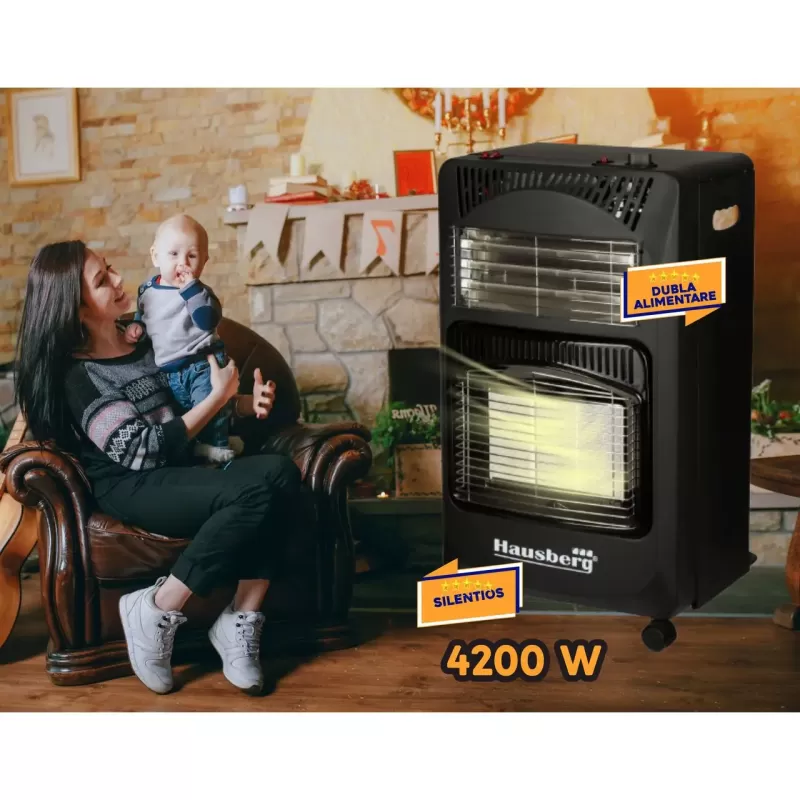 Pachet Soba pe gaz GPL (butelie) si electric Hausberg HB-1020NG, aprindere piezo-electrica, 4.2kW, Negru, Ceas butelie, 1m furtun gaz MN2015 si 2 coliere furtun