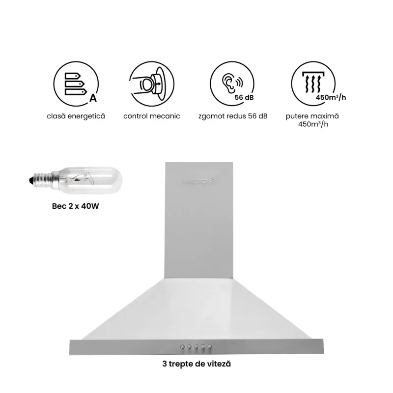 Hota incorporabila decorativa Hausberg HB-1260, Putere de absorbtie 450 m3/h, 1 motor, 60 cm, Inox