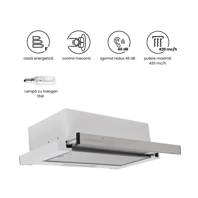 Pachet incorporabil HAUSBERG cuptor electric HB-8053IN, 2225W, 6 Functii, 71L, plita gaz HB-555, 4 arzatoare, aprindere electrica, hota telescopic HB-1285IN, absorbtie 420 m3/h, 2 motoare, 60cm, cuptor microunde HB-8065IN, 1200W, 20L, Inox