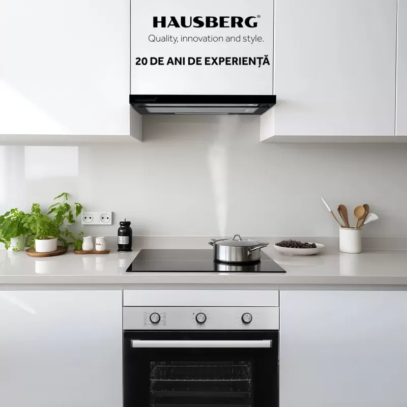 Hota incorporabila telescopica Hausberg HB-1285NG, putere de absorbtie 420 m3/h, 2 motoare, 60 cm, Negru