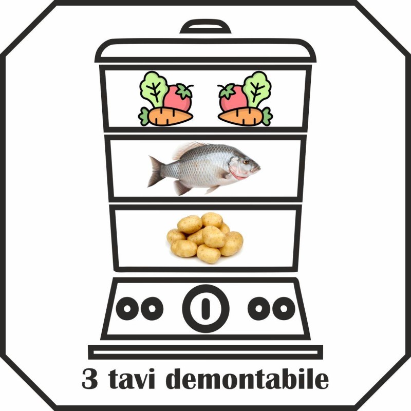 Aparat de gatit cu aburi Hausberg HB-1355, Putere 400 W, 7.2 L, 3 tavi demontabile, capacitate: 2.4 L /tava, Argintiu