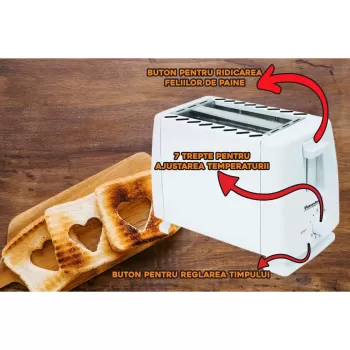Prajitor de paine HAUSBERG HB-150AB, 750W, 7 setari, 2 felii, oprire automata, picioare anti-alunecare, Alb