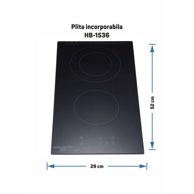 Plita incorporabila HAUSBERG HB-1536, Vitroceramica, 2 zone de gatit, 9 trepte de putere, 3200 W, Touch control, Timer, Sticla Neagra