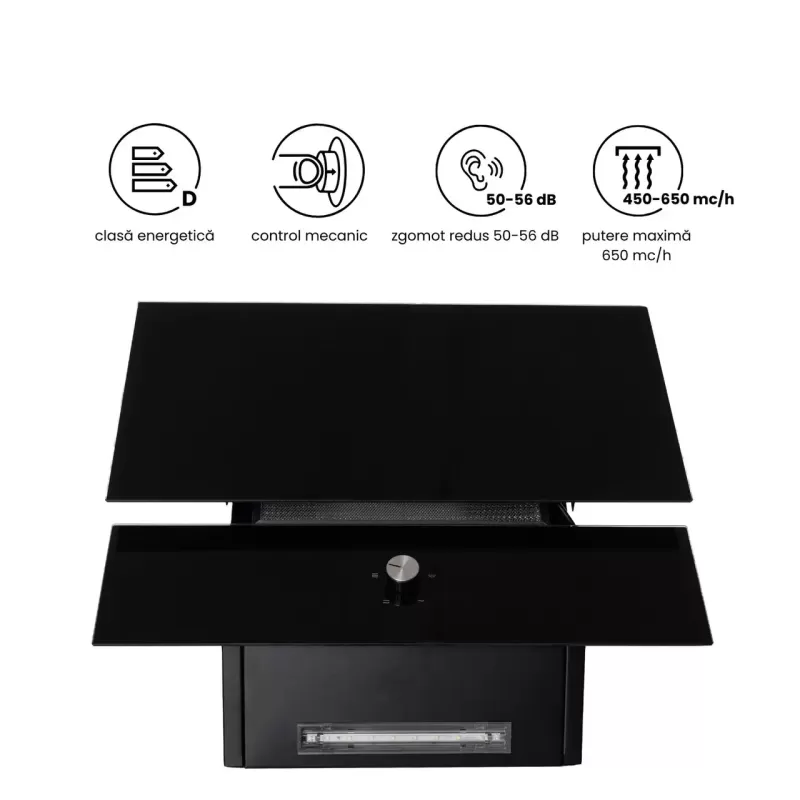 Hota Incorporabila decorativa Hausberg HB-2285NG, 163W , Filtru aluminiu, Putere de absorbtie maxim 650 m3/h, 60 cm, Negru