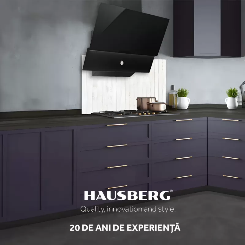 Hota Incorporabila decorativa Hausberg HB-2285NG, 163W , Filtru aluminiu, Putere de absorbtie maxim 650 m3/h, 60 cm, Negru