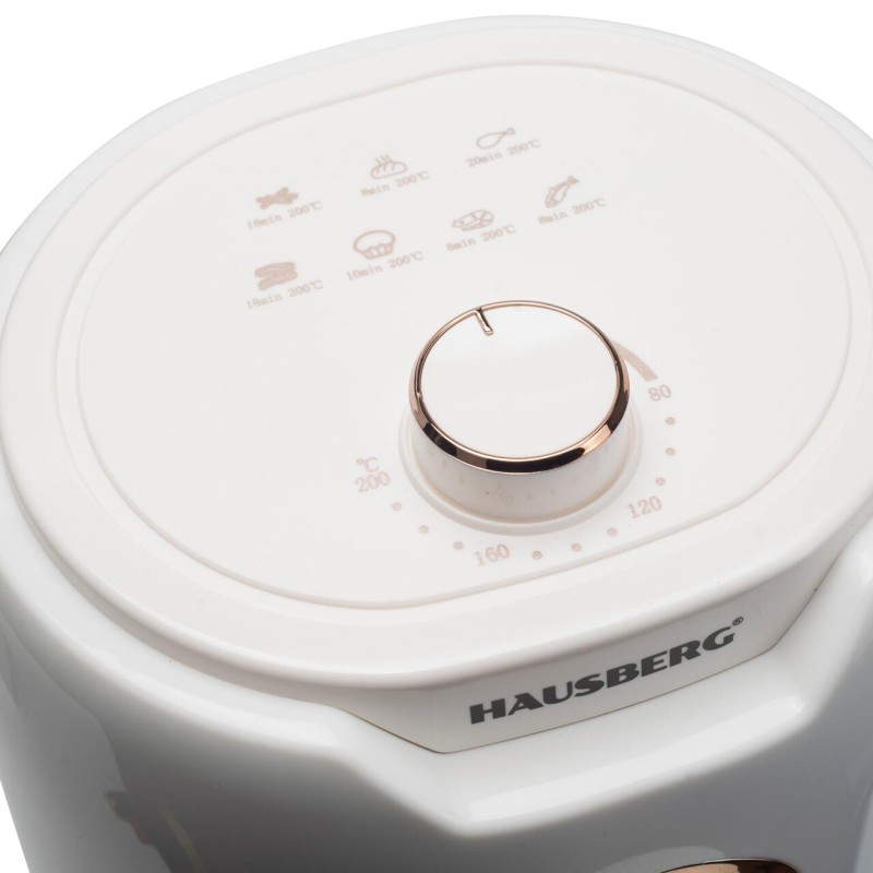 Friteuza cu aer cald HAUSBERG HB-2351, 1000-1200 W, 2.6 litri, temporizator 30 min, oprire automata, indicator luminos, termostat reglabil 80-200 grade C, protectie supraincalzire, picioare antiderapante, Alb