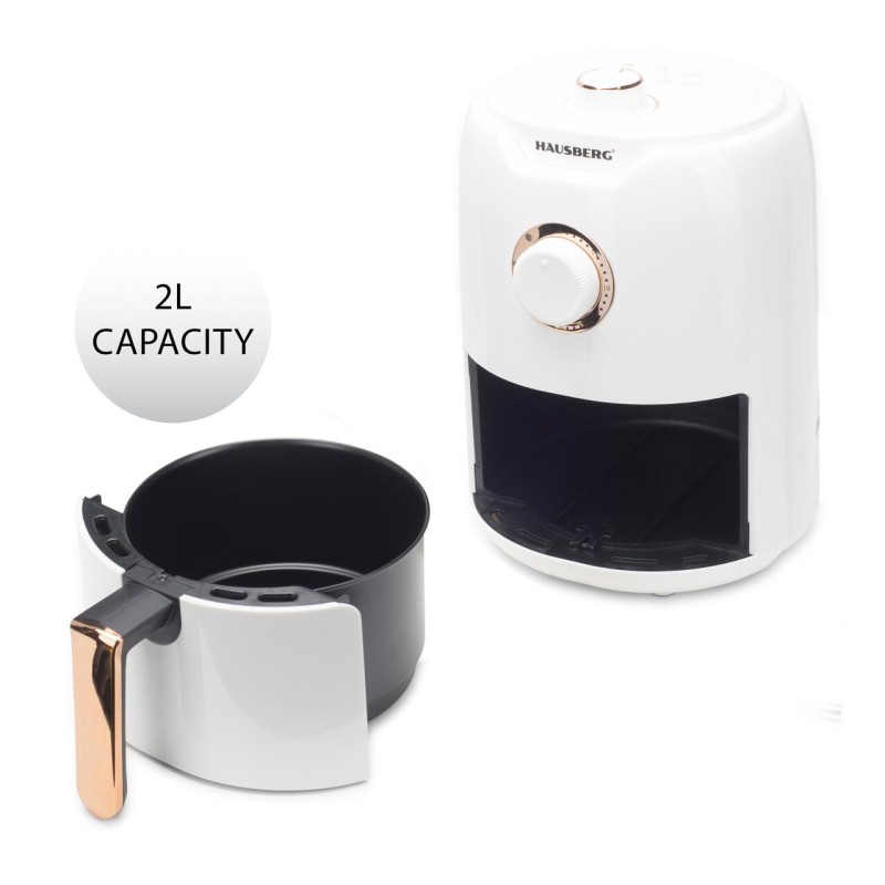 Friteuza cu aer cald HAUSBERG HB-2351, 1000-1200 W, 2.6 litri, temporizator 30 min, oprire automata, indicator luminos, termostat reglabil 80-200 grade C, protectie supraincalzire, picioare antiderapante, Alb