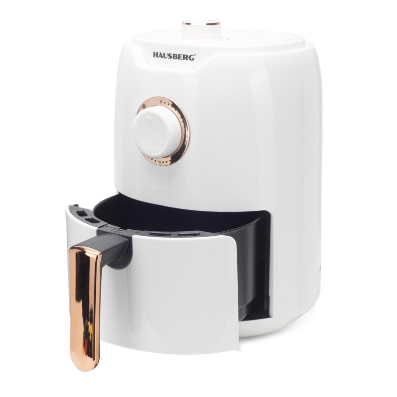 Friteuza cu aer cald HAUSBERG HB-2351, 1000-1200 W, 2.6 litri, temporizator 30 min, oprire automata, indicator luminos, termostat reglabil 80-200 grade C, protectie supraincalzire, picioare antiderapante, Alb