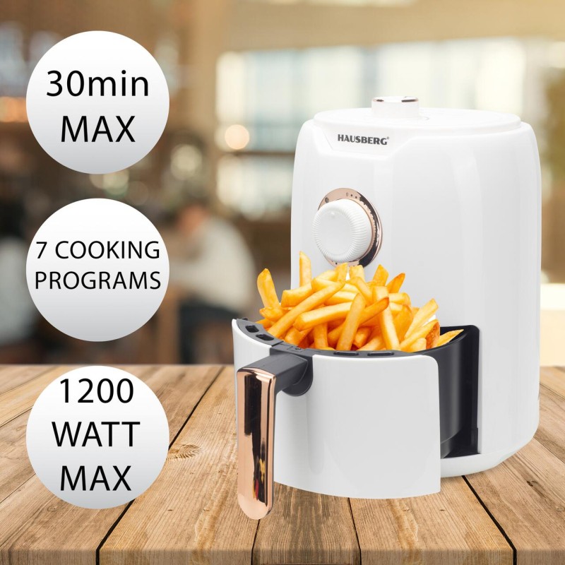 Friteuza cu aer cald HAUSBERG HB-2351, 1000-1200 W, 2.6 litri, temporizator 30 min, oprire automata, indicator luminos, termostat reglabil 80-200 grade C, protectie supraincalzire, picioare antiderapante, Alb