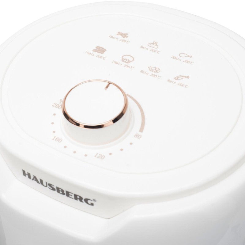 Friteuza cu aer cald HAUSBERG HB-2351, 1000-1200 W, 2.6 litri, temporizator 30 min, oprire automata, indicator luminos, termostat reglabil 80-200 grade C, protectie supraincalzire, picioare antiderapante, Alb