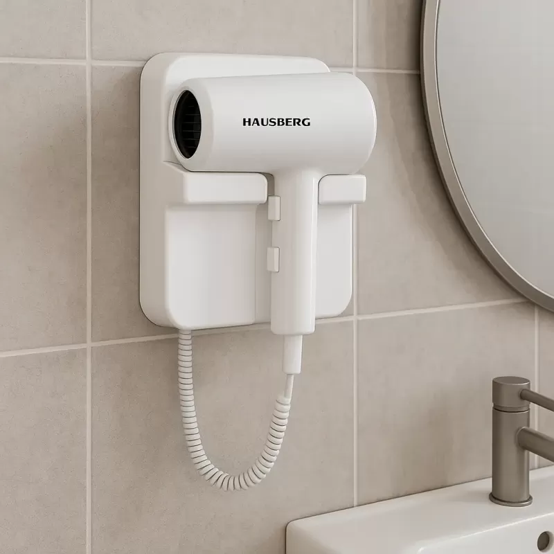Uscator de par cu montaj pe perete HAUSBERG HB-260AB, 1200W, 2 trepte de viteza, protectie supraincalzire, accesorii incluse, Alb
