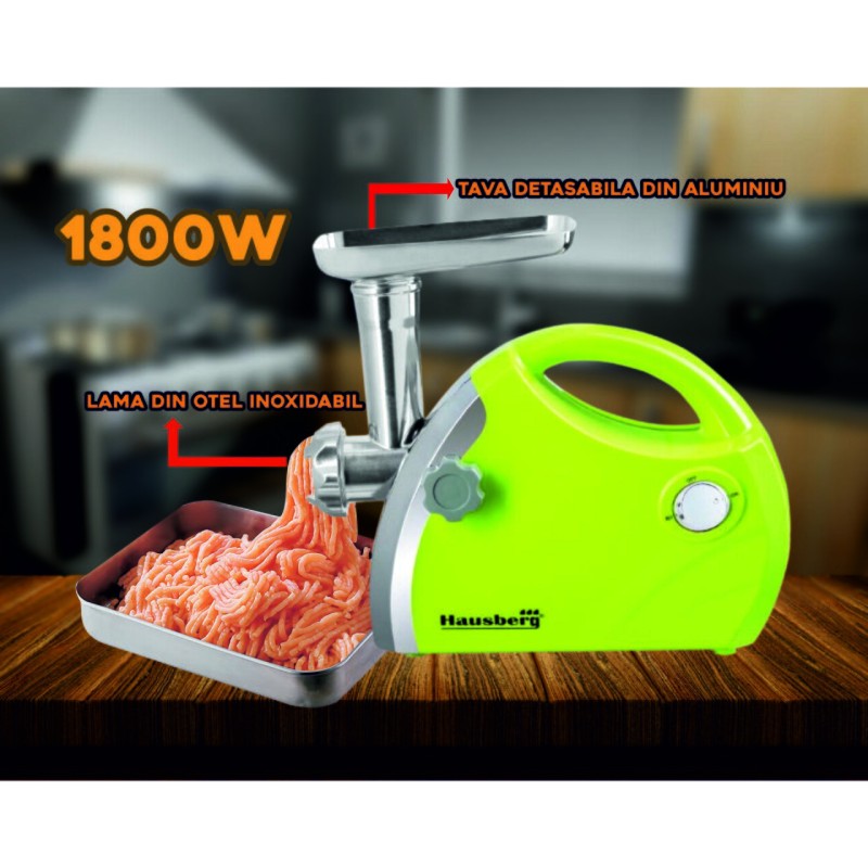 Masina de tocat carne Hausberg HB-3430VR, Inox , 1800 W, motor cupru, Verde