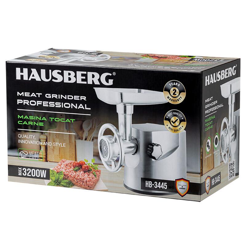 Masina tocat Hausberg HB-3445, 3200W, 2Kg/min, Impingator legume, Carcasa aluminiu, Motor cupru