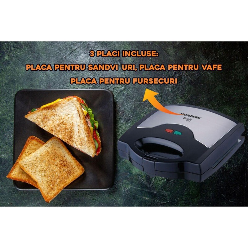 Sandwich maker 3 in 1 HAUSBERG HB-3514IN, 700-800 W, 3 placi detasabile anti-aderente, Termostat, Negru/Inox