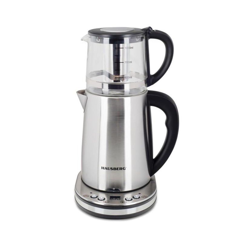 Aparat digital preparare ceai HAUSBERG HB-3640IN, 1500W, cana 1.7L, ceainic 1L, panou din otel inoxidabil cu afisaj digital, termostat, Inox
