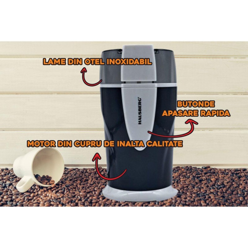Rasnita electrica cafea HAUSBERG HB-7564NG, 150 - 200W, 70g, motor din cupru, negru