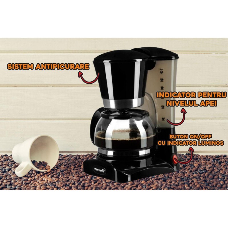 Filtru de cafea Hausberg HB-3650, 600 ml, 650 - 800 W, Negru