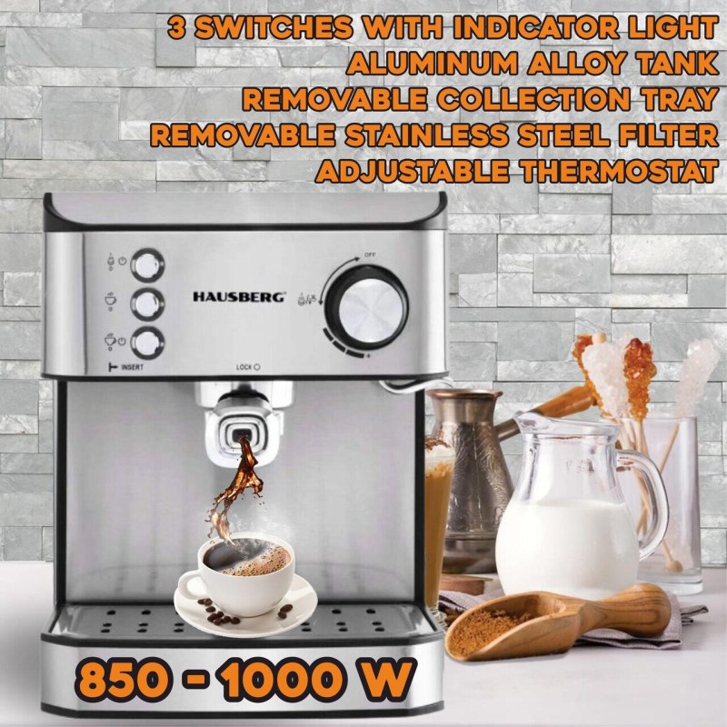 Espressor cafea HAUSBERG HB3725, cafea macinata, 15 bar, 850-1000 W, gri cu negru