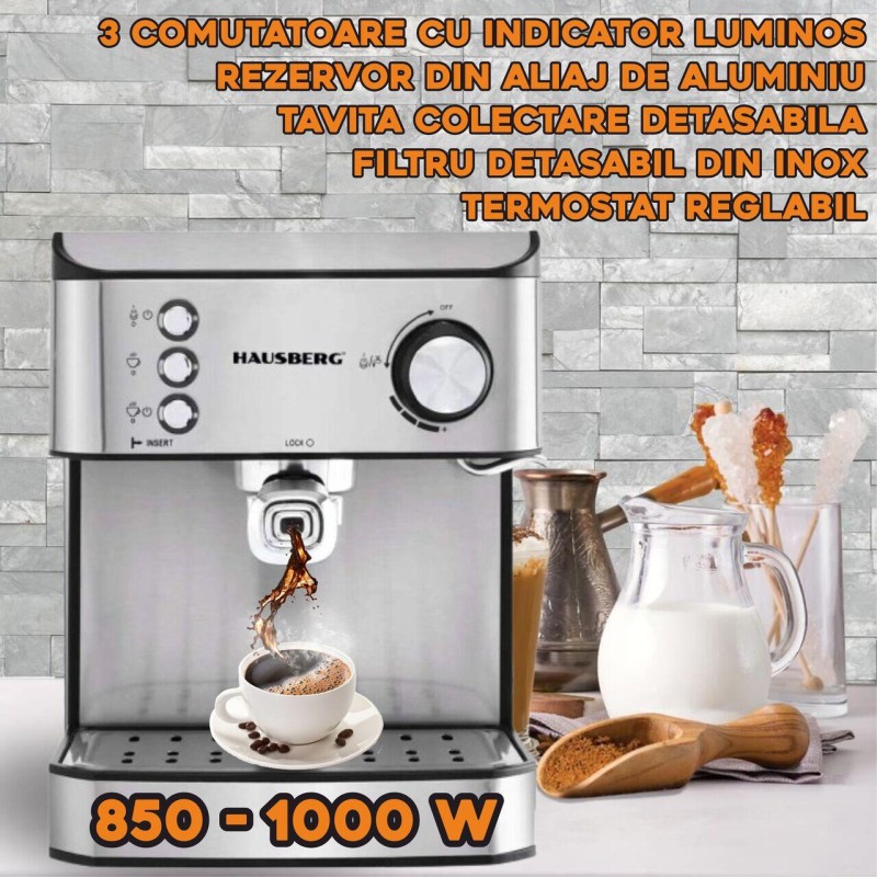 Espressor cafea HAUSBERG HB3725, cafea macinata, 15 bar, 850-1000 W, gri cu negru