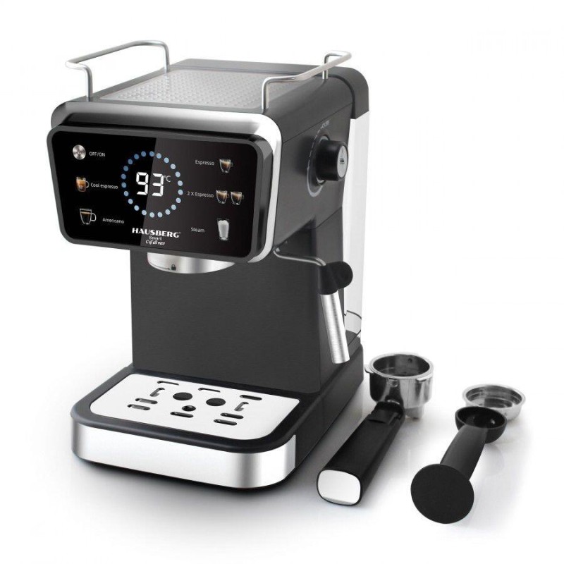 Espressor 2 in 1 HAUSBERG HB-3730IN, Hot & Cold, 20 bari, 1350 W, 1,5 L, Protectie la Supraincalzire si Suprapresiune, ERP, NTC, PID, Timer, Display, Spumare, Cafea macinata si capsule