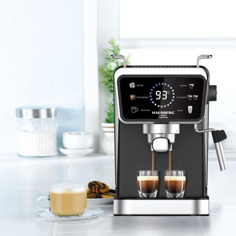 Espressor 2 in 1 HAUSBERG HB-3730IN, Hot & Cold, 20 bari, 1350 W, 1,5 L, Protectie la Supraincalzire si Suprapresiune, ERP, NTC, PID, Timer, Display, Spumare, Cafea macinata si capsule