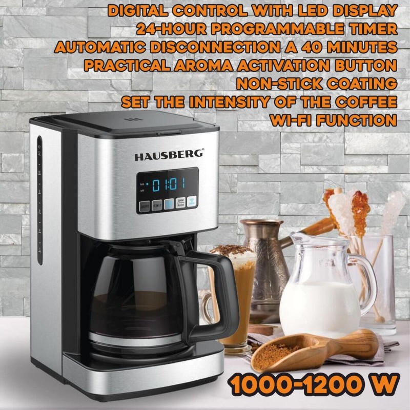 Filtru cafea digital cu functie de programare HAUSBERG HB3755, 1000-1200 W, 1.8 l, Wifi, afisaj LED, sistem de protectie, Inox