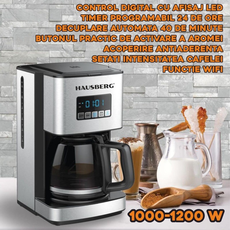 Filtru cafea digital cu functie de programare HAUSBERG HB3755, 1000-1200 W, 1.8 l, Wifi, afisaj LED, sistem de protectie, Inox