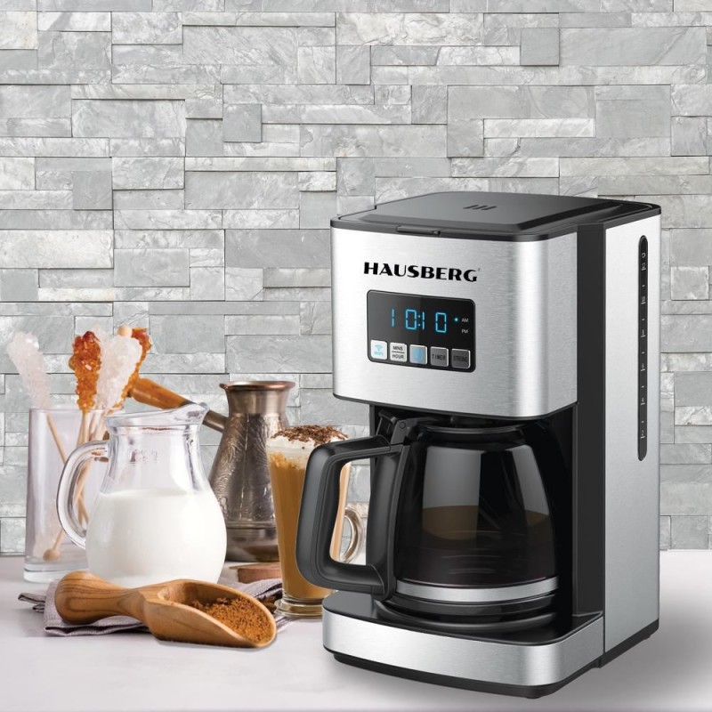 Filtru cafea digital cu functie de programare HAUSBERG HB3755, 1000-1200 W, 1.8 l, Wifi, afisaj LED, sistem de protectie, Inox