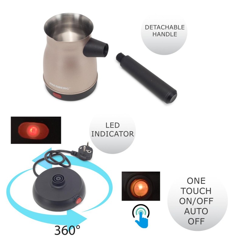 Ibric electric pentru cafea Hausberg HB-3815RG, Putere 800W, Capacitate 500 ml, Inox-Auriu