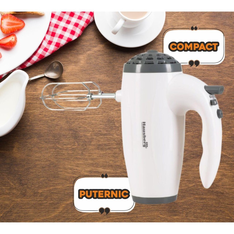 Mixer de mana Hausberg HB-4119AB, 5 viteze, putere 300W, motor de cupru, Alb