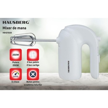 Mixer de mana HAUSBERG HB-4215AB, 250W, 5 viteze, Nivel zgomot 85 dB, Accesorii incluse, Alb